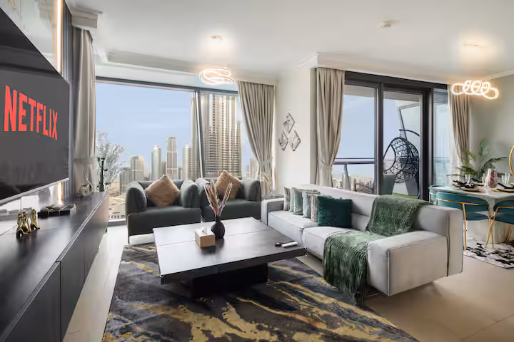 Burj Vista: The corner sofa and the television