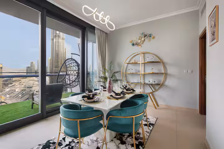 Burj Vista: The dining area and the shelf beside it