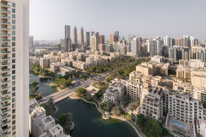 The Links East: The lake and the towers of the Views from the balcony