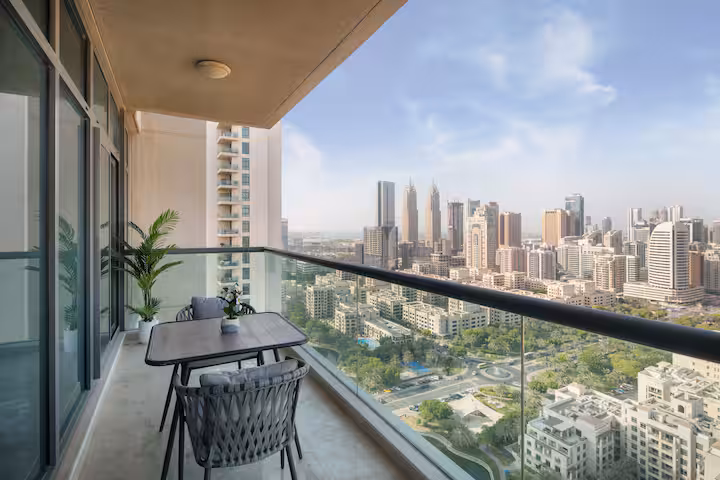 The Links East: The balcony, the Marina towers on the horizon